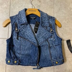 Bebe Blue Crop Leopard Jean Vest NWT  XS